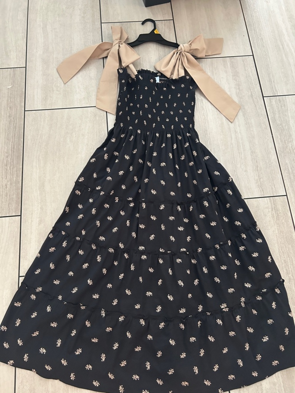 Hill House Home Women’s Black Floral Maxi Dress with Beige Bow Straps - Size L